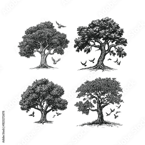 A collection of four detailed monochrome woodcut or engraving illustrations depicting large, mature trees with dense foliage and exposed roots, often accompanied by flying birds