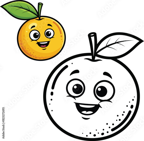 A cheerful cartoon orange character with a happy smiling face shown in full color and as a black and white line art illustration.