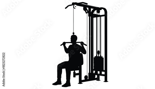 Silhouette of a person using a lat pulldown machine fitness equipment for strength training isolated on white