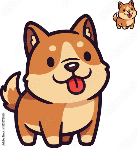 A cute cartoon Shiba Inu puppy illustration with a happy expression and its tongue sticking out.