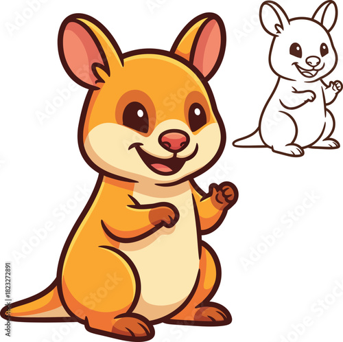 A cute smiling baby kangaroo cartoon character with orange fur and a cream belly standing and waving happily.