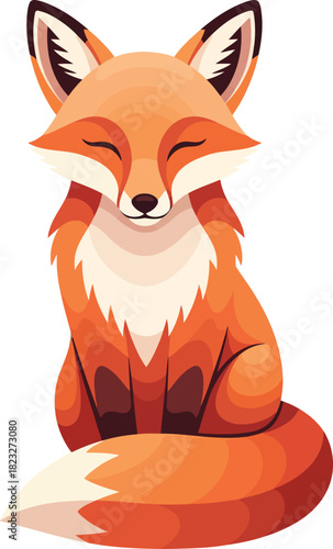 A cute stylized orange fox sitting peacefully with closed eyes and a fluffy white chest.