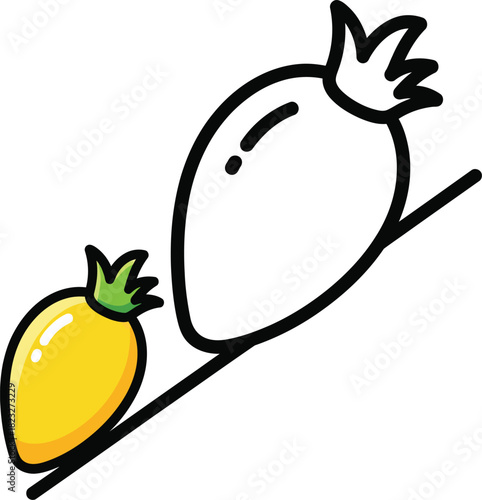 A small vibrant yellow fruit and its larger uncolored black outline counterpart on a diagonal line.
