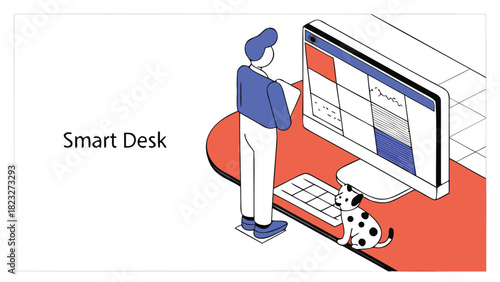 Modern isometric illustration of a person standing at a smart desk with a computer and a playful dog nearby