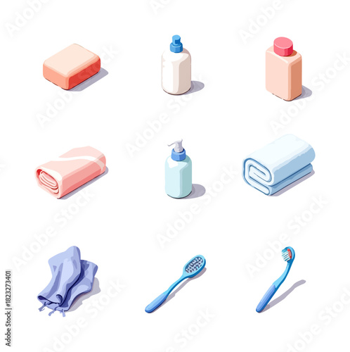 Isometric bath essentials soap bottles towels and brushes