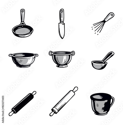 Kitchen utensil collection illustration on dark background
