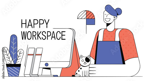 Happy person working at a modern desk with a computer potted plant and a cute cat companion