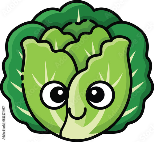 Adorable smiling cabbage mascot with large eyes and layered green leaves vector illustration style.