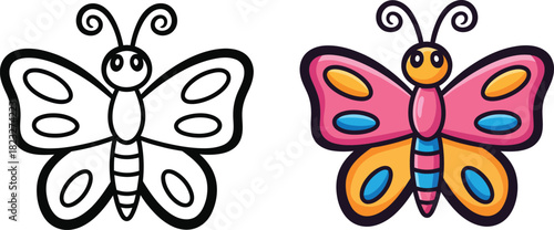 Cartoon butterfly illustration set for coloring book with black and white outline and vibrant colored version.