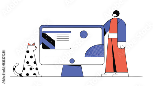 Stylized illustration of a person and a dalmatian dog looking at a computer screen with abstract graphics and data
