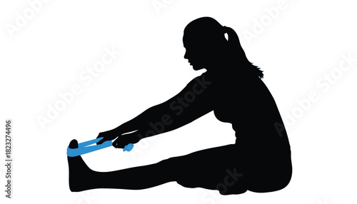 Silhouette of a woman stretching with a resistance band fitness exercise for flexibility and rehabilitation isolated on white