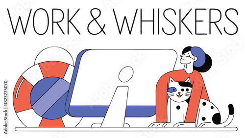 Illustration of a person working on a computer with a cat on their lap symbolizing work life balance and pet companionship