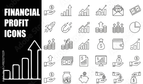 Financial Profit and Money Income Web Icon Set in Elegant Line Style. A Comprehensive Collection Featuring Savings, Growth, Investment, Payment, Earnings, and Wealth Management Icons. Editable Stroke 