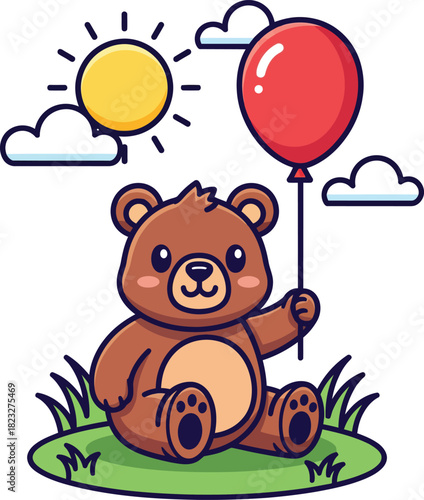 Cute brown cartoon bear with rosy cheeks sitting down and holding a bright red balloon.