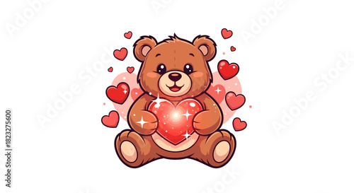 Adorable teddy bear holding a heart surrounded by love, perfect for Valentine's Day cards and romantic designs, with charming cuddly appeal