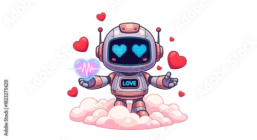 Adorable love robot with heart eyes spreading joy and romance on Valentine's Day, perfect for tech lovers and digital greetings
