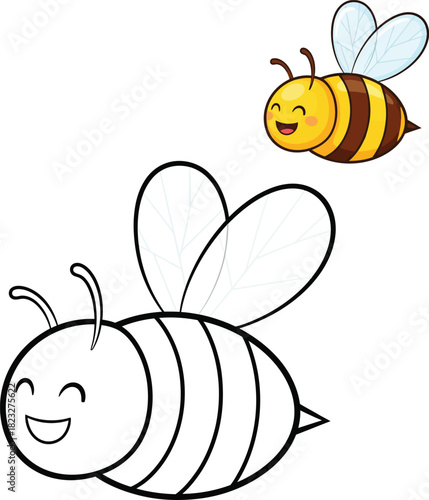 Cute cartoon bee coloring page outline with a happy smiling face and chubby striped body.