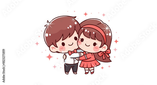 Adorable cartoon couple embracing with love and smiles radiates joy, perfect for Valentine's Day greetings and heartwarming designs