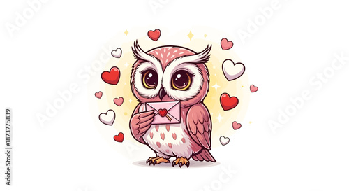 Adorable owl delivers love letter with heart, perfect for Valentine's Day cards, cute animal designs, or romantic greetings with a whimsical touch