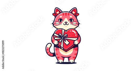 Valentine's Day charm with a cartoon cat holding a heart gift, ideal for cute holiday greetings and whimsical children's designs.