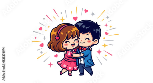 Adorable cartoon couple hugging with hearts and stars, perfect for Valentine's Day cards, social media posts, and heartwarming designs for kids