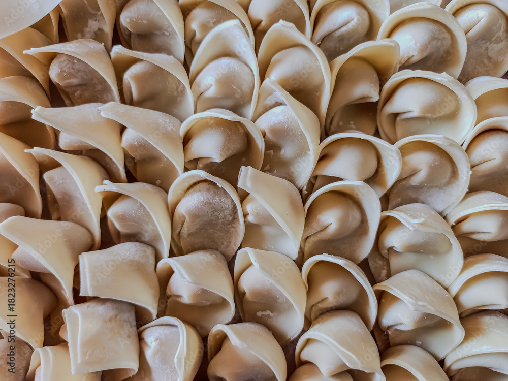 Fototapeta premium Raw Chicken Wonton Filling Wrapped in Dumpling Skins