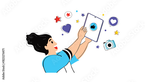 Young woman holding a tablet with a thumbs up icon surrounded by social media symbols and stars