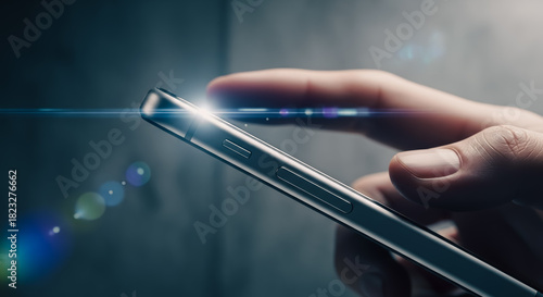 A person's hand interacts with a sleek smartphone, hinting at modern connectivity and digital lifestyle. The scene is illuminated by a captivating lens flare.
