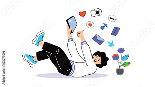 Joyful person with a tablet surrounded by social media icons and digital elements celebrating online connection and creativity