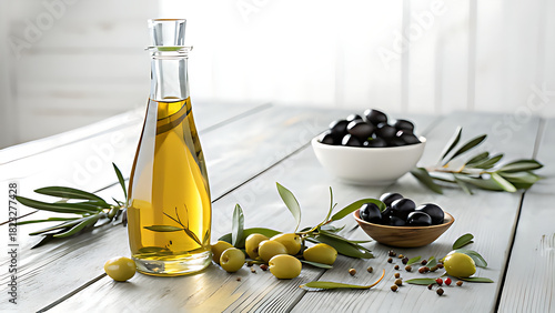 Bottle of olive oil with fresh green and black olives on a rustic wooden table