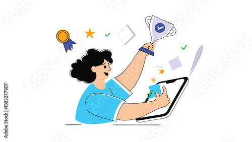 Woman celebrating online success holding a trophy and interacting with a smartphone displaying a verified achievement