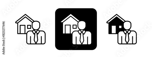 Property Agent  Solid color and black line drawing vector illustration set