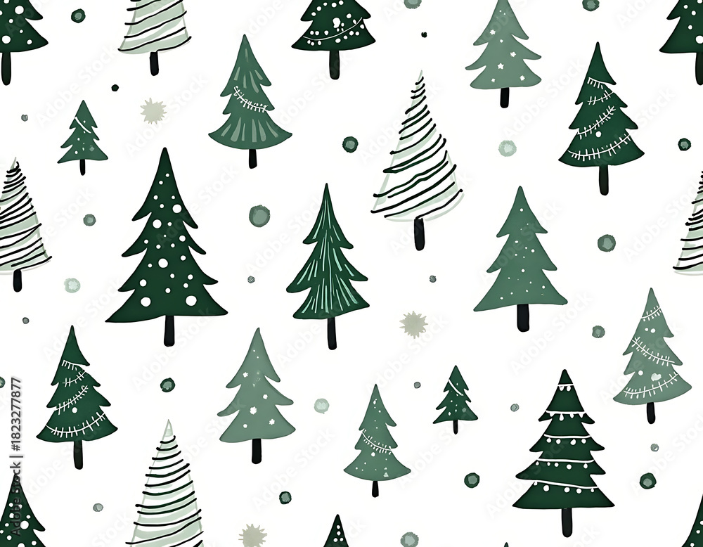 Obraz premium Seamless pattern of various green christmas trees and dots, isolated on white background