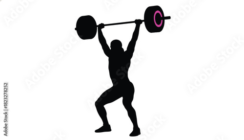 Silhouette of a weightlifter lifting a barbell overhead illustration for fitness sports and exercise concepts isolated on white
