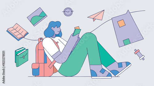 A young person with blue hair sits on the floor surrounded by school supplies and abstract shapes holding a phone