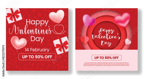 Elegant Valentine’s Day sale discount square banner with 3D hearts, modern romantic layout for Valentine’s Day social media posts, square flyer, poster, and web banner template for marketing promotion