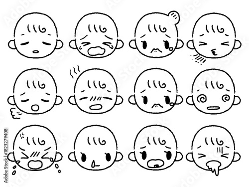 手描きの赤ちゃん表情セット白黒３アクシデント