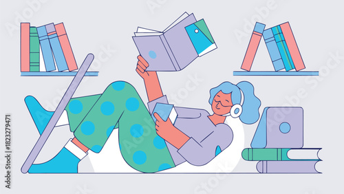 Relaxed person with headphones reading a book and holding a phone while lying down with books nearby