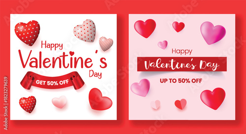 Modern Happy Valentine’s Day sale discount stylish social media post featuring pink 3D hearts, romantic banner layout, elegant square flyer poster and creative vector illustration web banner