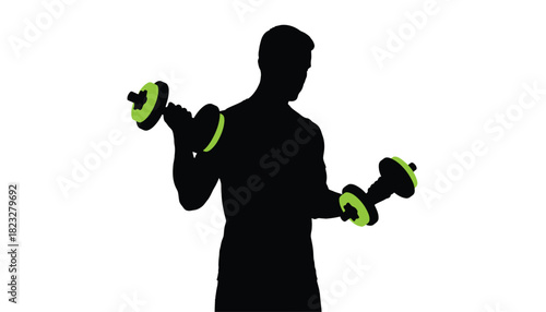 Silhouette of a man lifting dumbbells fitness training for strength and conditioning isolated on white background