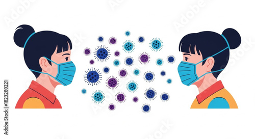 Two people wearing medical masks protect against virus spread, promoting health awareness and safety, perfect for educational materials and public health campaigns