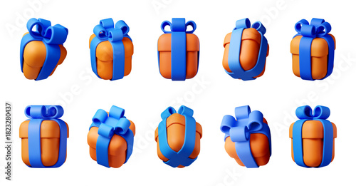 Set of 3d gift box with blue ribbon and orange wrap. Perfect celebration present or holiday surprise. Creative design element for festive greeting card. Vector illustration