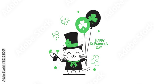Charming St. Patrick's Day cat with balloons and shamrocks illustration for festive celebrations and luck, perfect for holiday promotions and designs