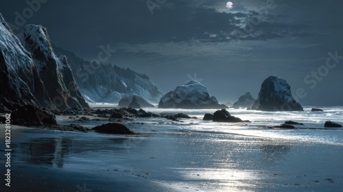 Fototapeta Naklejka Na Ścianę i Meble -  Moonlit ocean waves gently lap against a rugged coastline with towering sea stacks under a dramatic night sky