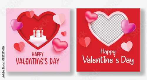 Romantic Happy Valentine’s Day social media post with modern 3D hearts, elegant layout banner, creative square flyer poster and web banner feed template vector illustration design