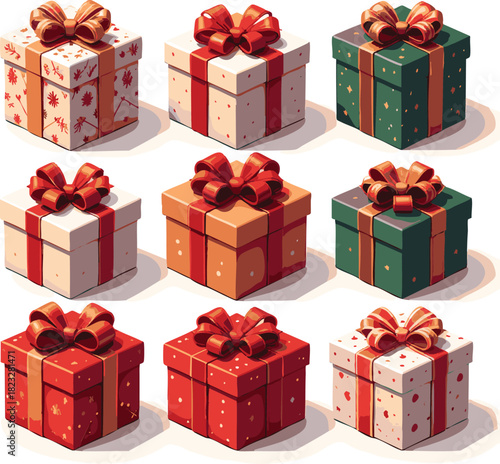 Vector Illustration Set of Gift Boxes with Red Ribbons and Bows Festive Holiday Design in a Modern Style with Warm Colors