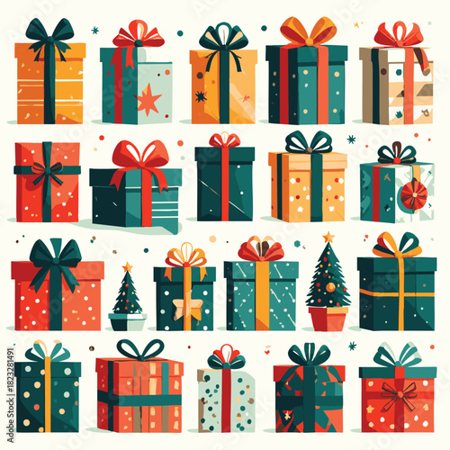 Vector Illustration Set of Festive Holiday Gift Boxes with Modern Flat Design in Red Teal and Gold for Christmas