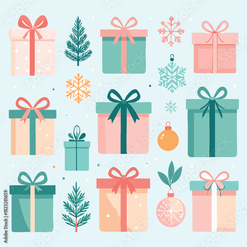 Festive Holiday Vector Pattern with Gift Boxes Snowflakes and Ornaments in Pastel Pink Teal and Peach Modern Design