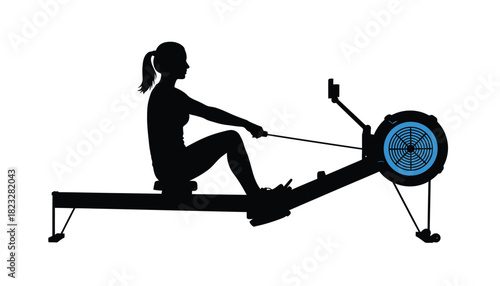 Silhouette of a woman using a rowing machine indoor cardio workout isolated on white background