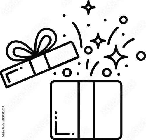 Icon Open Gift Box Surprise Sparkles Vector Line Art Minimalist Black and White